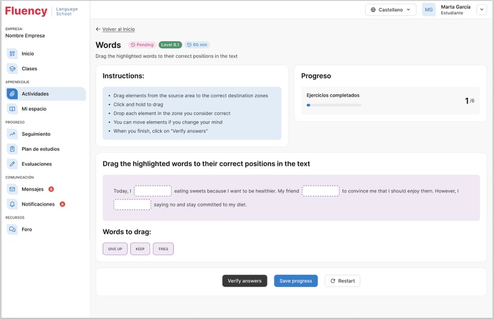 Ejercicio de arrastrar palabras dentro de un texto, con instrucciones y progreso