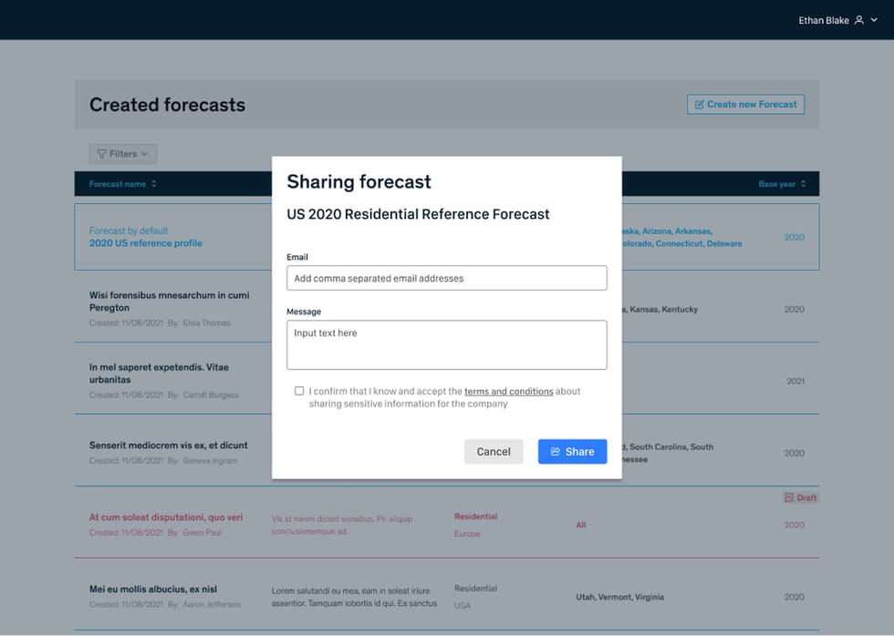 Modal de compartición de un escenario por correo