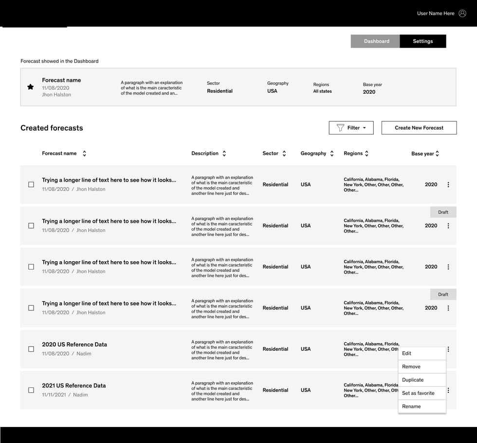 Wireframe en gris del listado de escenarios