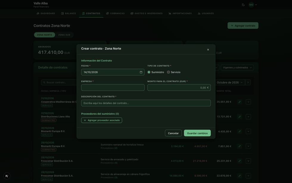 Modal de alta de un contrato abierto sobre la tabla de contratos